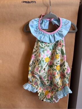 Floral Ruffle Halter Swimsuit - Light Blue Trim